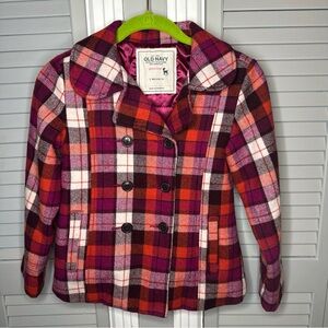 Old Navy Orange Pink Plaid Double Breasted Pea Coat Wool Blend Preppy 11/12